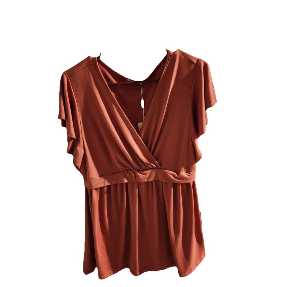 Ekouaer‎ Womens Rust V-Neck Empire Waist Flutter Sleeve Blouse Top Large NWT